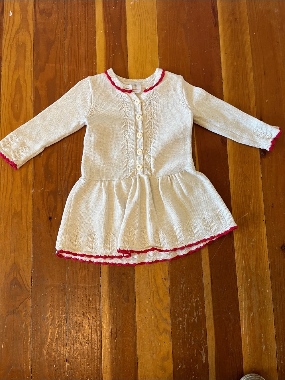Hanna Andersson Cream Knit Button-Front Dress with Red Trim